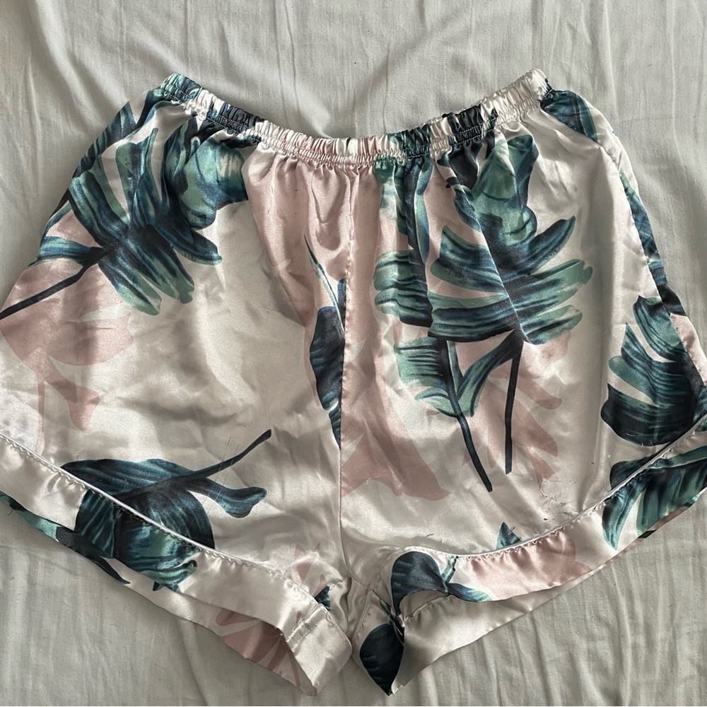 Silky Floral Leaf Print Sleep Shorts - Pink & Teal